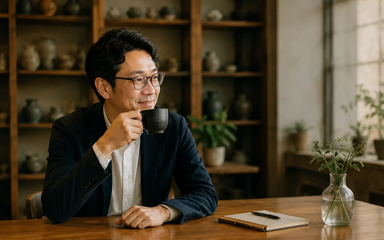 コーヒーを飲みながら話す酒井康幸