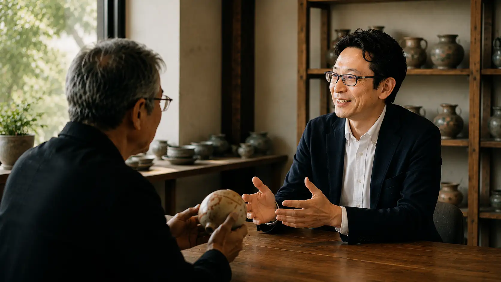 製品サンプルを囲んで話を聞く酒井康幸